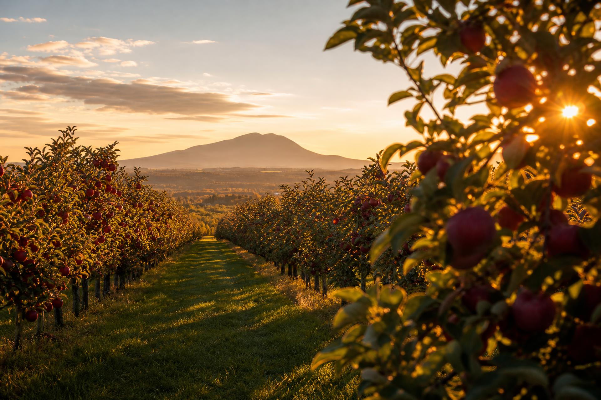 Verger au pied du mont Saint-Hilaire à l’automne, coucher de soleil doré